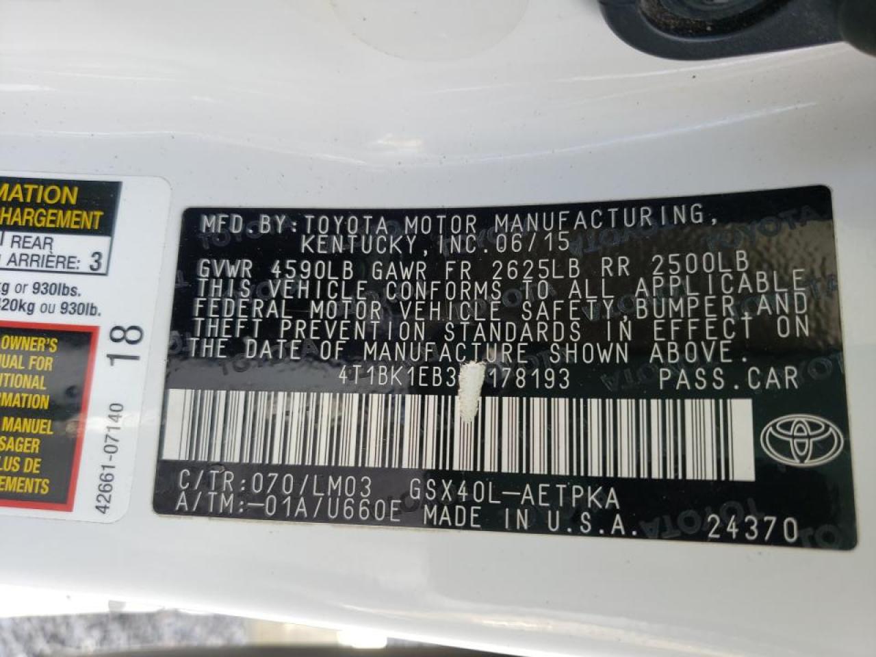 Photo 10 from auction – 2015 TOYOTA AVALON XLE with VIN 4T1BK1EB3FU178193