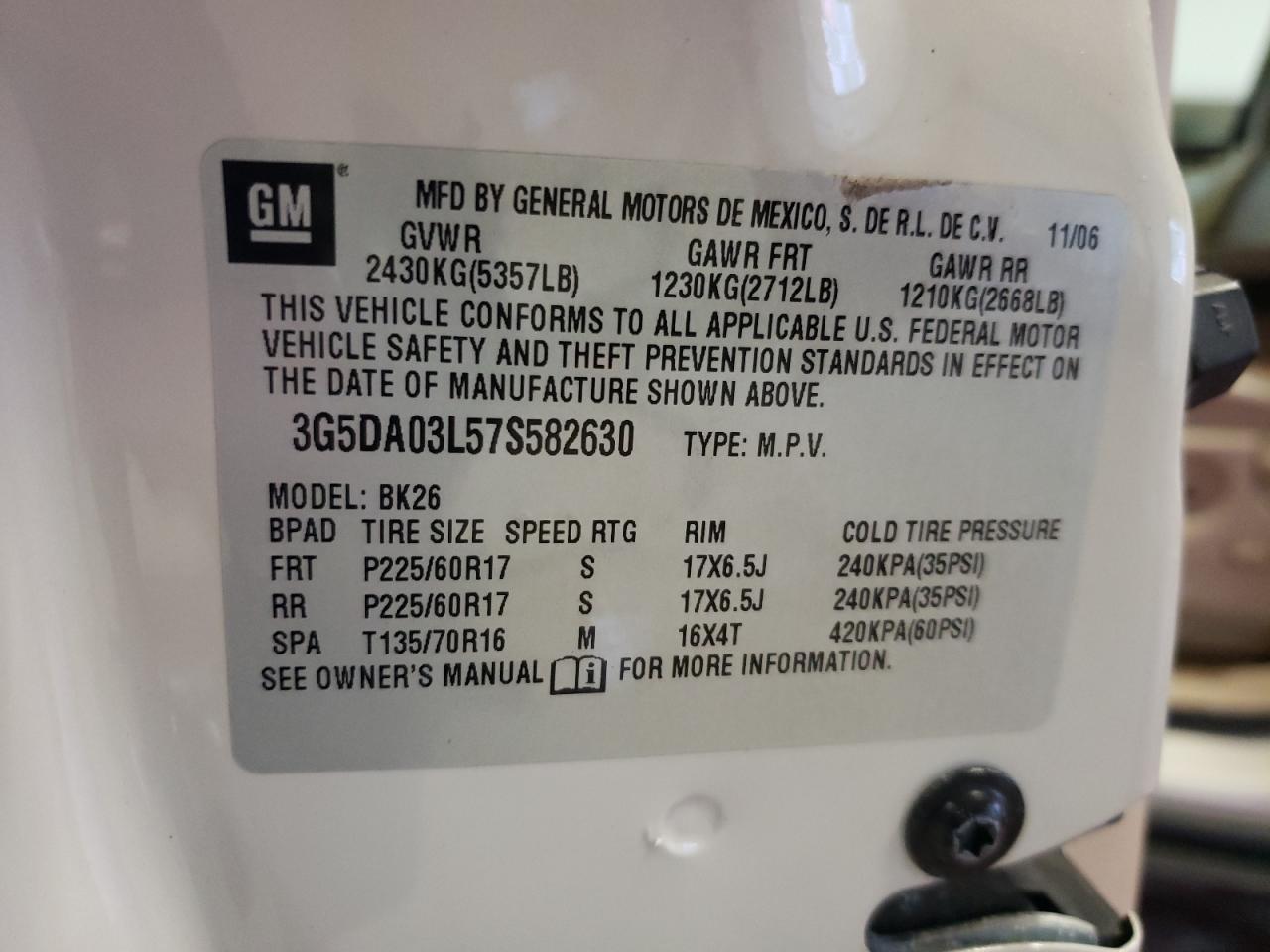 Photo 10 from auction – 2007 BUICK RENDEZVOUS with VIN 3G5DA03L57S582630