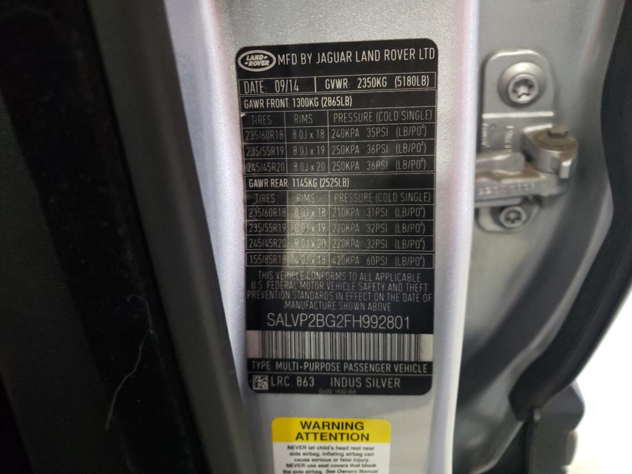 Photo 10 from auction – 2015 LAND ROVER RANGE ROVE with VIN SALVP2BG2FH992801