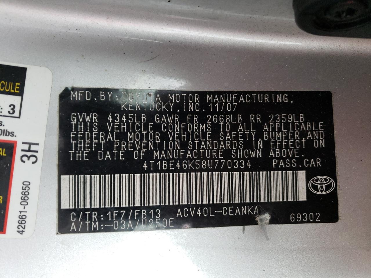 Photo 10 from auction – 2008 TOYOTA CAMRY CE with VIN 4T1BE46K58U770334
