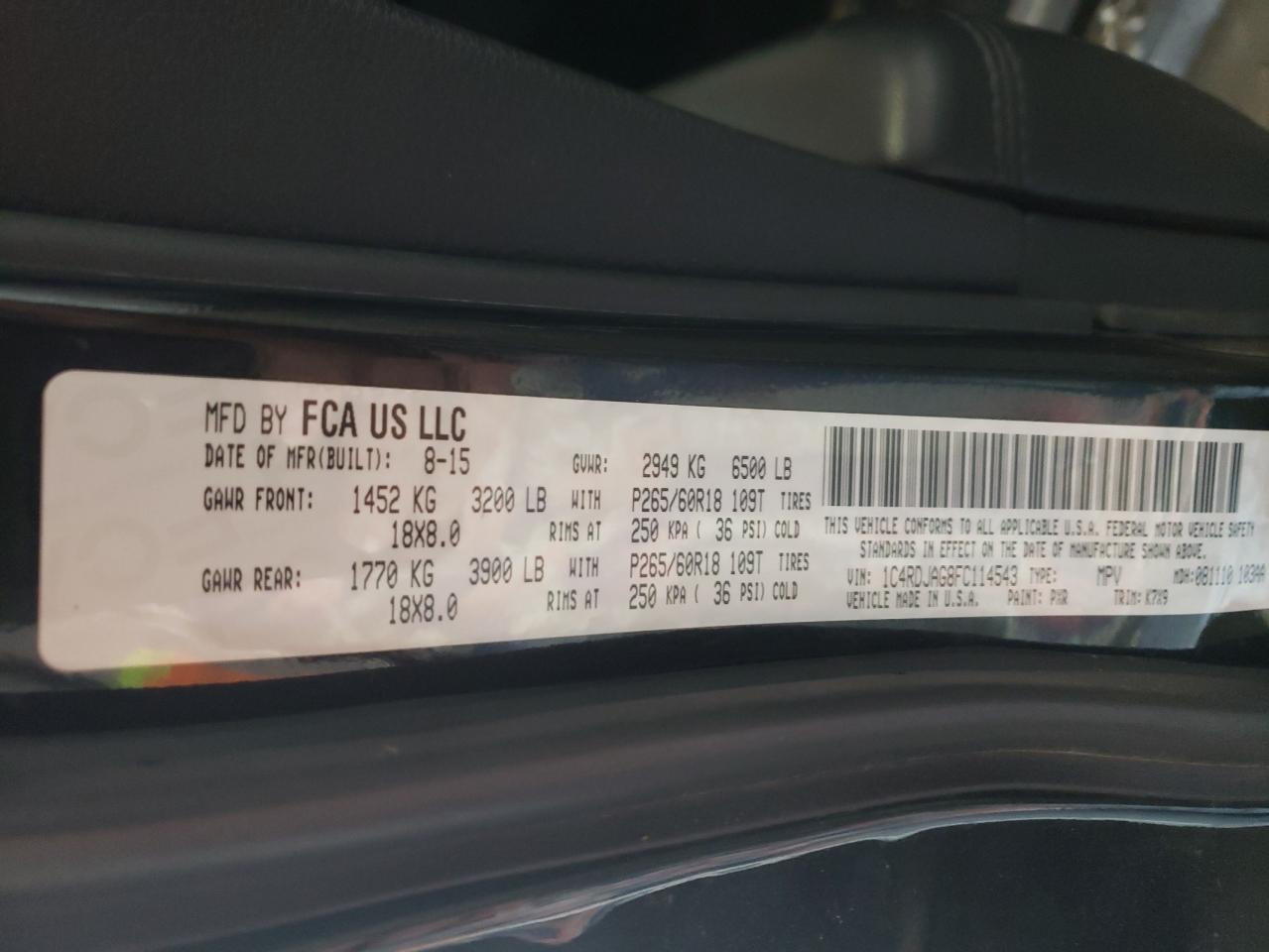 Photo 10 from auction – 2015 DODGE DURANGO SX with VIN 1C4RDJAG8FC114543