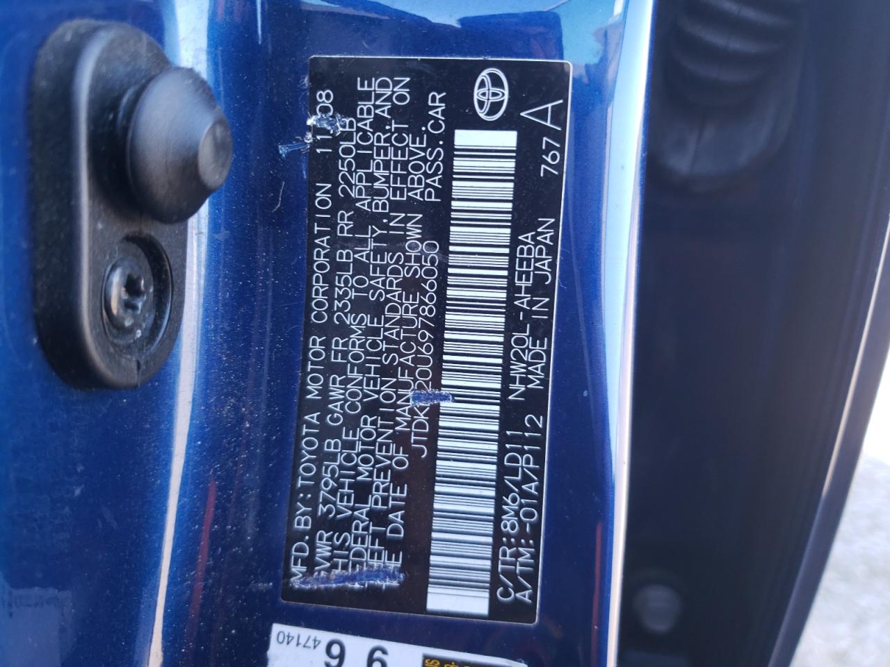 Photo 10 from auction – 2009 TOYOTA PRIUS with VIN JTDKB20U697866050
