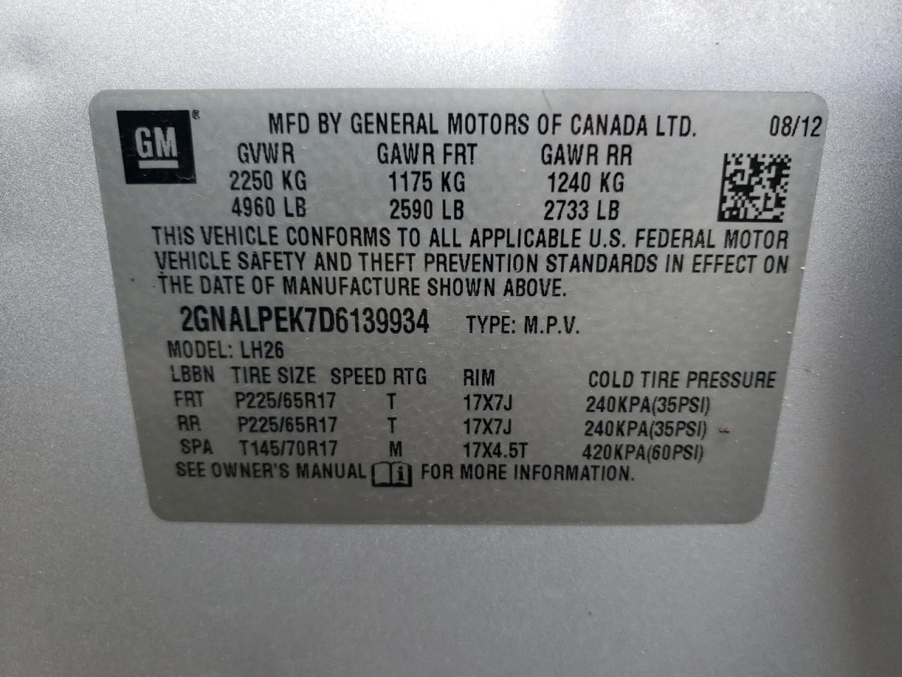 Photo 10 from auction – 2013 CHEVROLET EQUINOX LT with VIN 2GNALPEK7D6139934