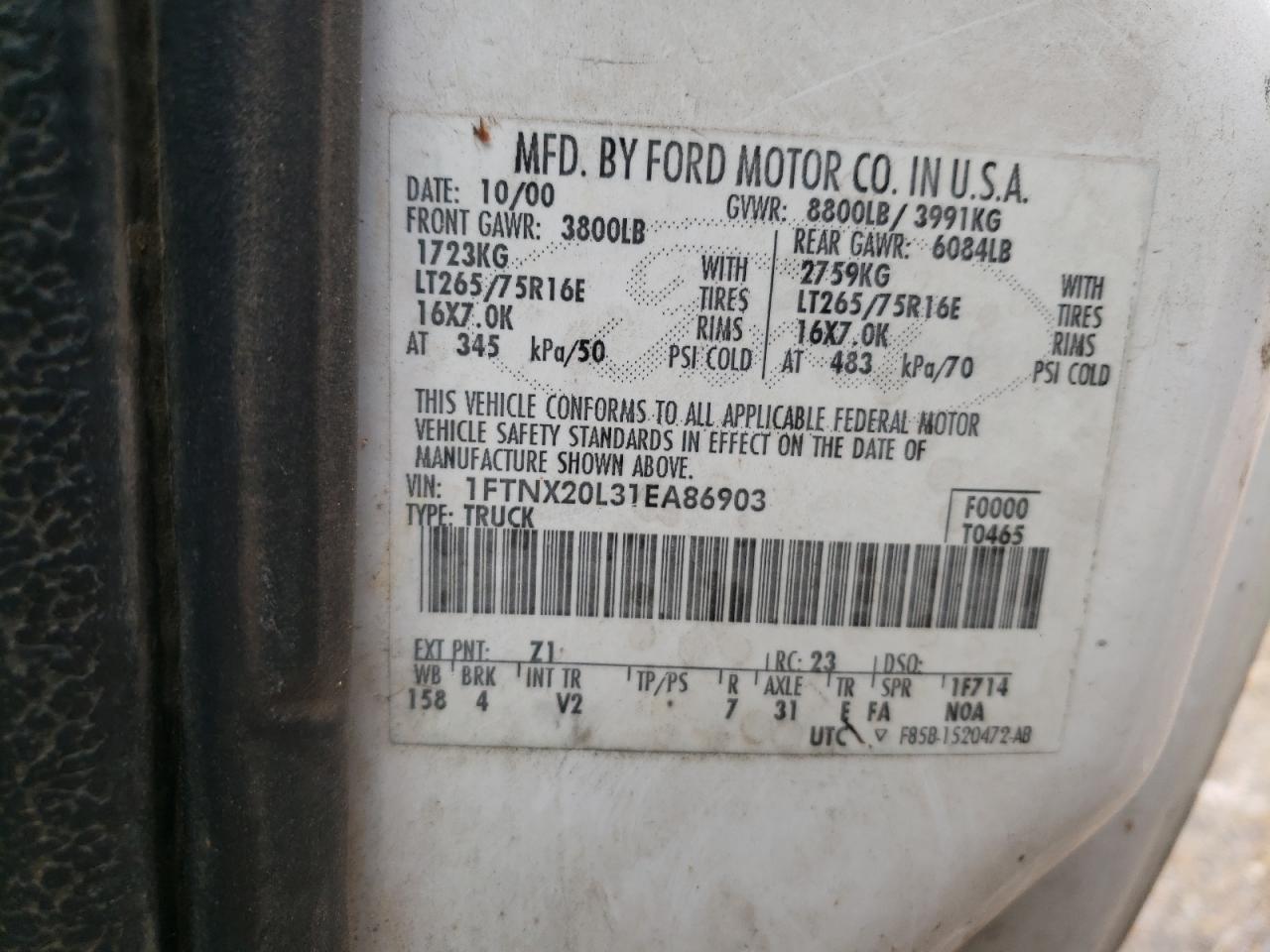 Photo 10 from auction – 2001 FORD F250 SUPER with VIN 1FTNX20L31EA86903