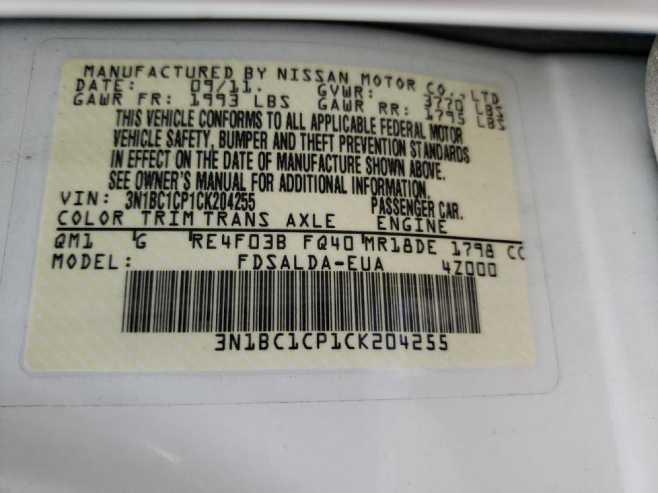Photo 10 from auction – 2012 NISSAN VERSA S with VIN 3N1BC1CP1CK204255