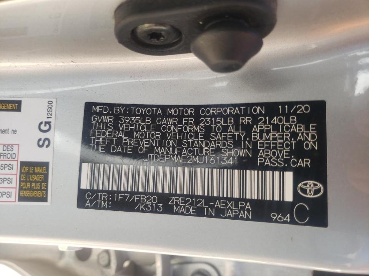 Photo 10 from auction – 2021 TOYOTA COROLLA LE with VIN JTDEPMAE2MJ161341
