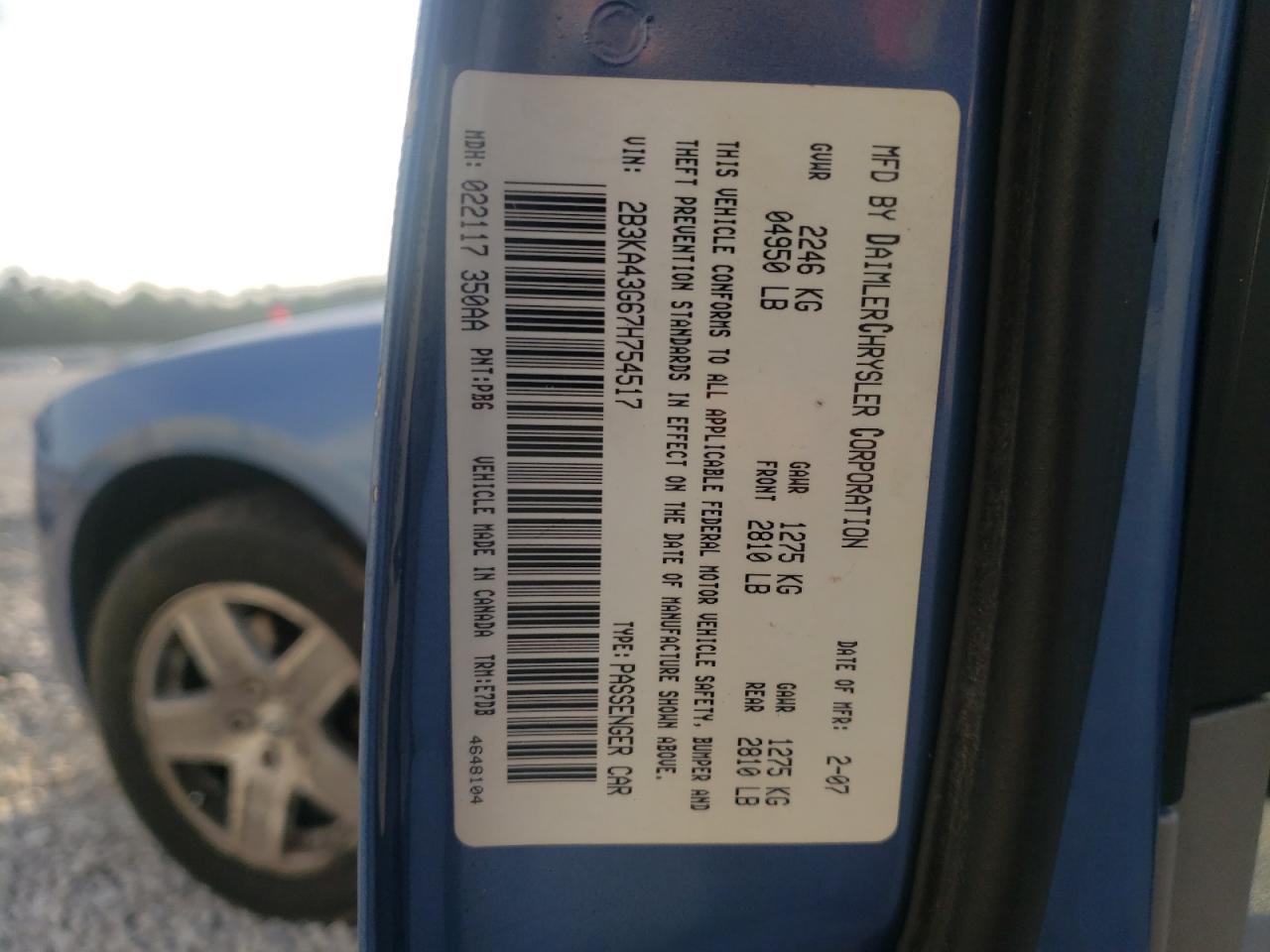 Photo 10 from auction – 2007 DODGE CHARGER SE with VIN 2B3KA43G67H754517