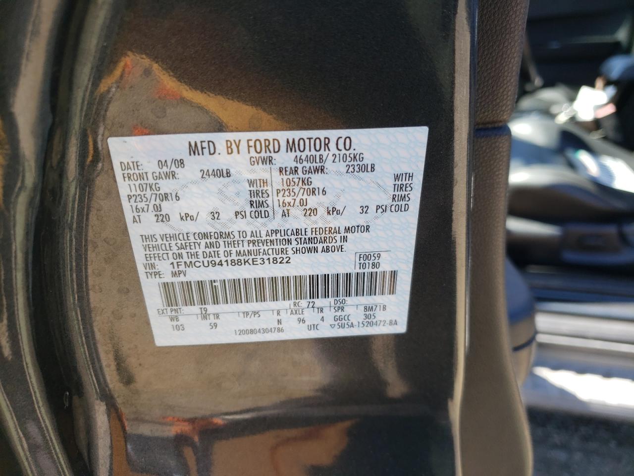 Photo 10 from auction – 2008 FORD ESCAPE LIM with VIN 1FMCU94188KE31822