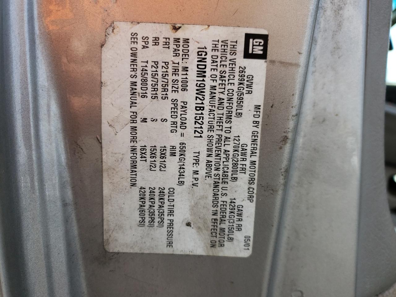 Photo 10 from auction – 2001 CHEVROLET ASTRO with VIN 1GNDM19W21B152121