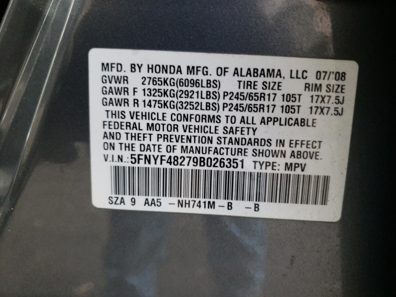 Photo 10 from auction – 2009 HONDA PILOT LX with VIN 5FNYF48279B026351