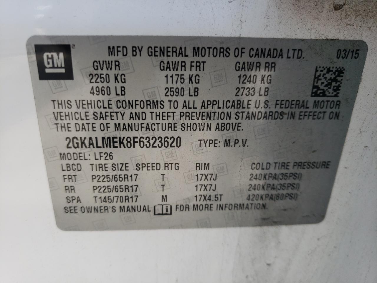 Photo 10 from auction – 2015 GMC TERRAIN SL with VIN 2GKALMEK8F6323620