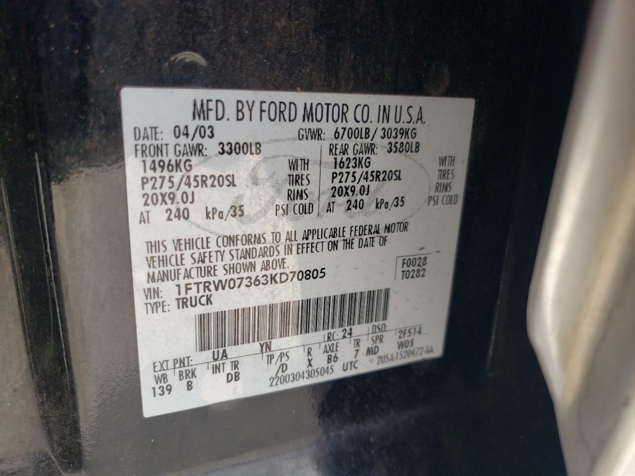 Photo 10 from auction – 2003 FORD F150 SUPER with VIN 1FTRW07363KD70805