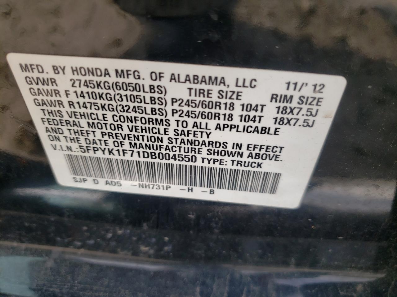 Photo 10 from auction – 2013 HONDA RIDGELINE with VIN 5FPYK1F71DB004550