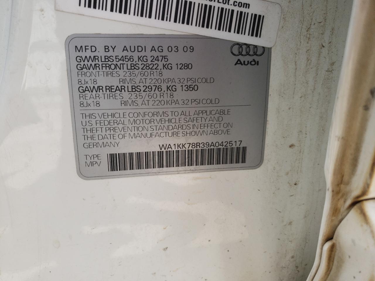 Photo 10 from auction – 2009 AUDI Q5 3.2 with VIN WA1KK78R39A042517
