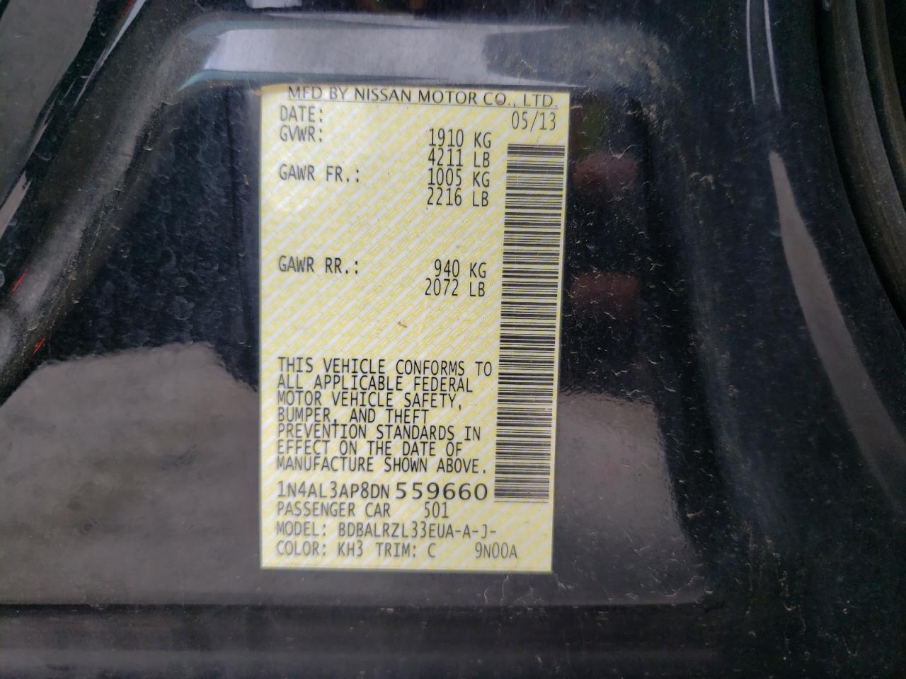 Photo 10 from auction – 2013 NISSAN ALTIMA 2.5 with VIN 1N4AL3AP8DN559660
