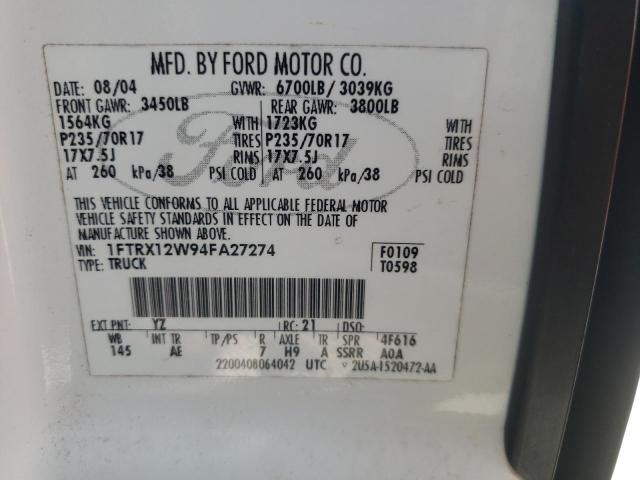 Photo 10 from auction – 2004 FORD F150 with VIN 1FTRX12W94FA27274