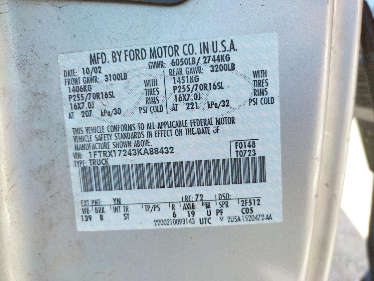 Photo 10 from auction – 2003 FORD F150 with VIN 1FTRX17243KA88432