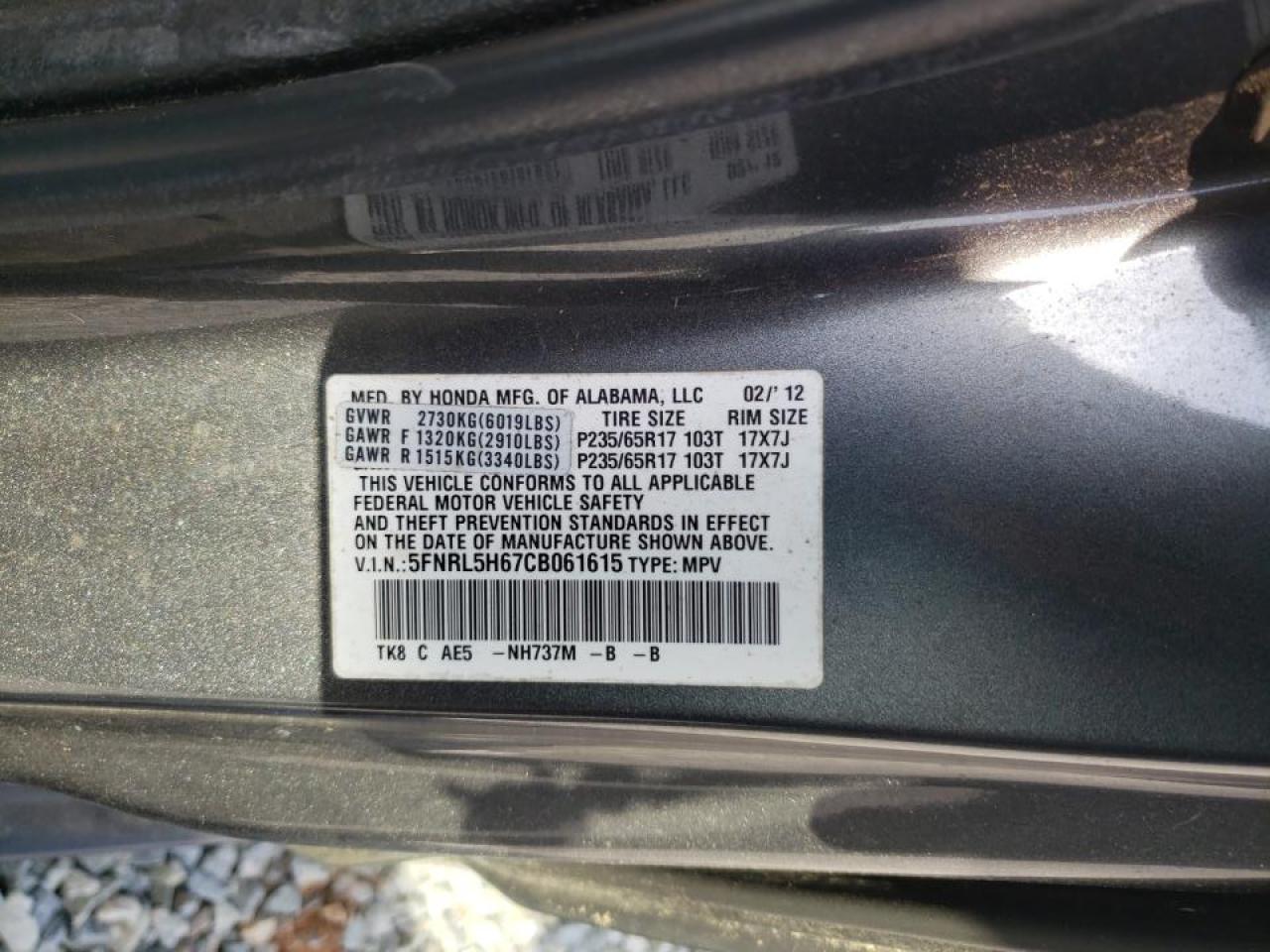 Photo 10 from auction – 2012 HONDA ODYSSEY EX with VIN 5FNRL5H67CB061615