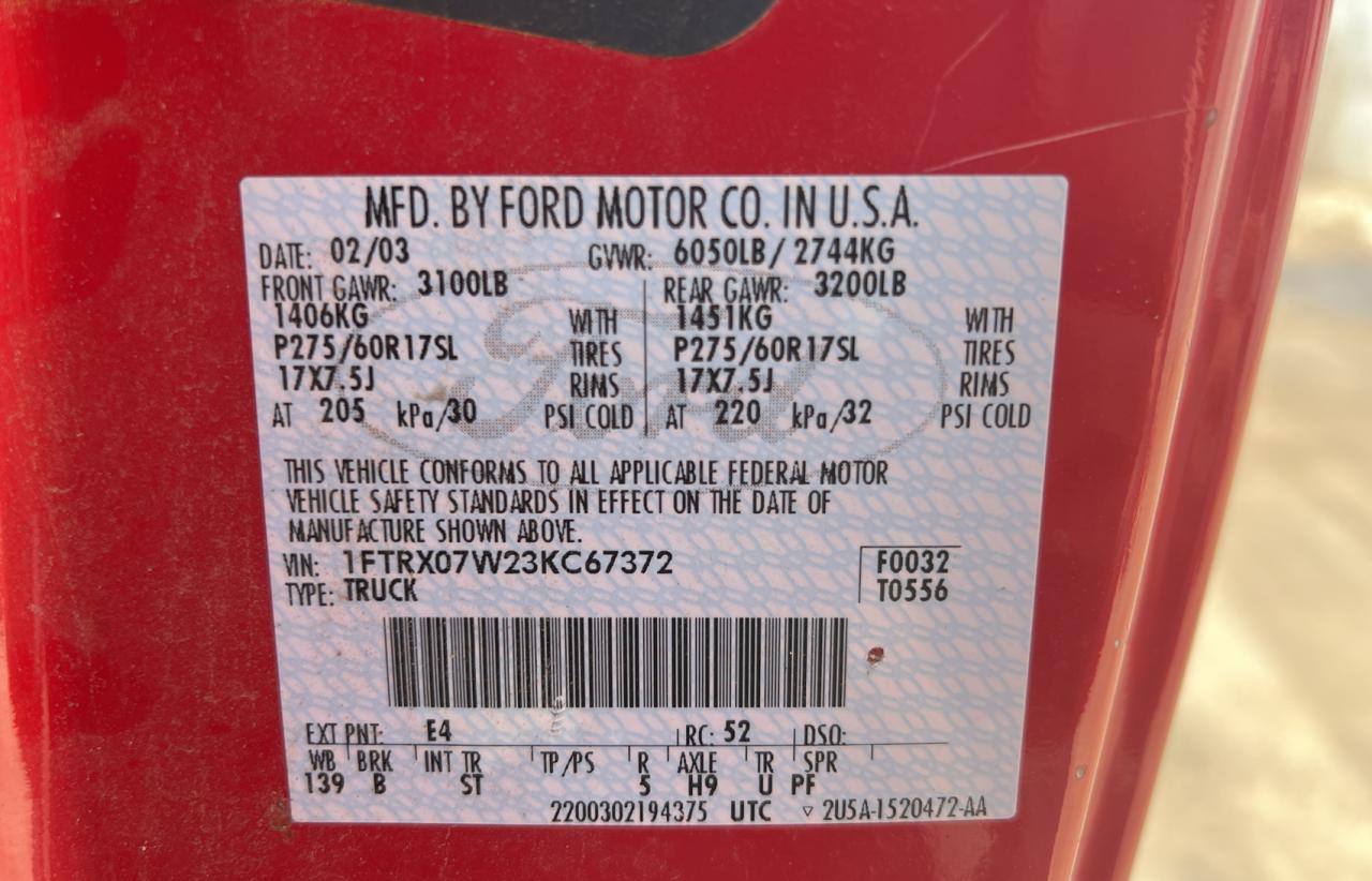 Photo 10 from auction – 2003 FORD F150 with VIN 1FTRX07W23KC67372