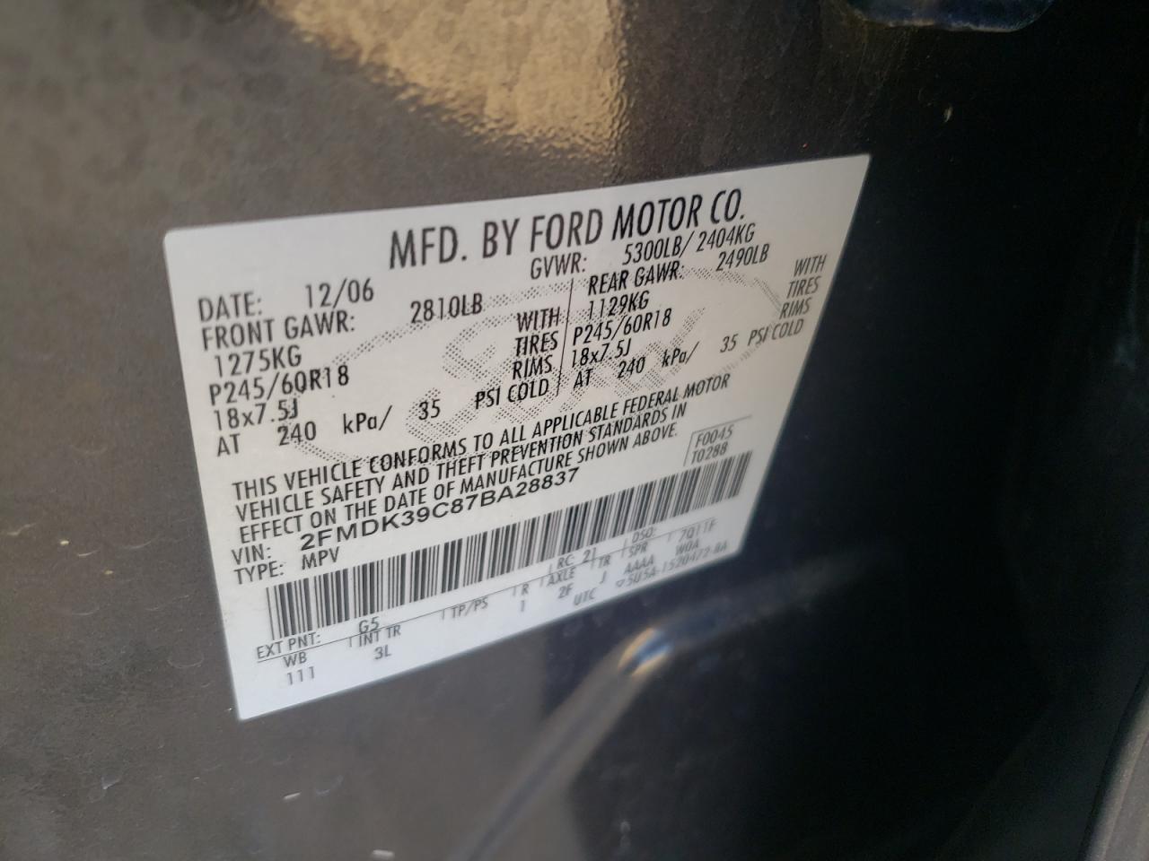 Photo 10 from auction – 2007 FORD EDGE SEL P with VIN 2FMDK39C87BA28837