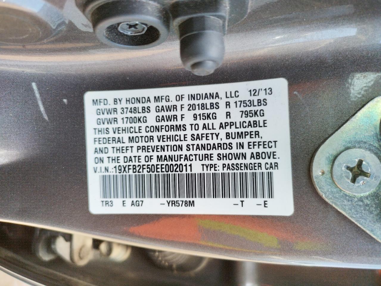 Photo 10 from auction – 2014 HONDA CIVIC LX with VIN 19XFB2F50EE002011