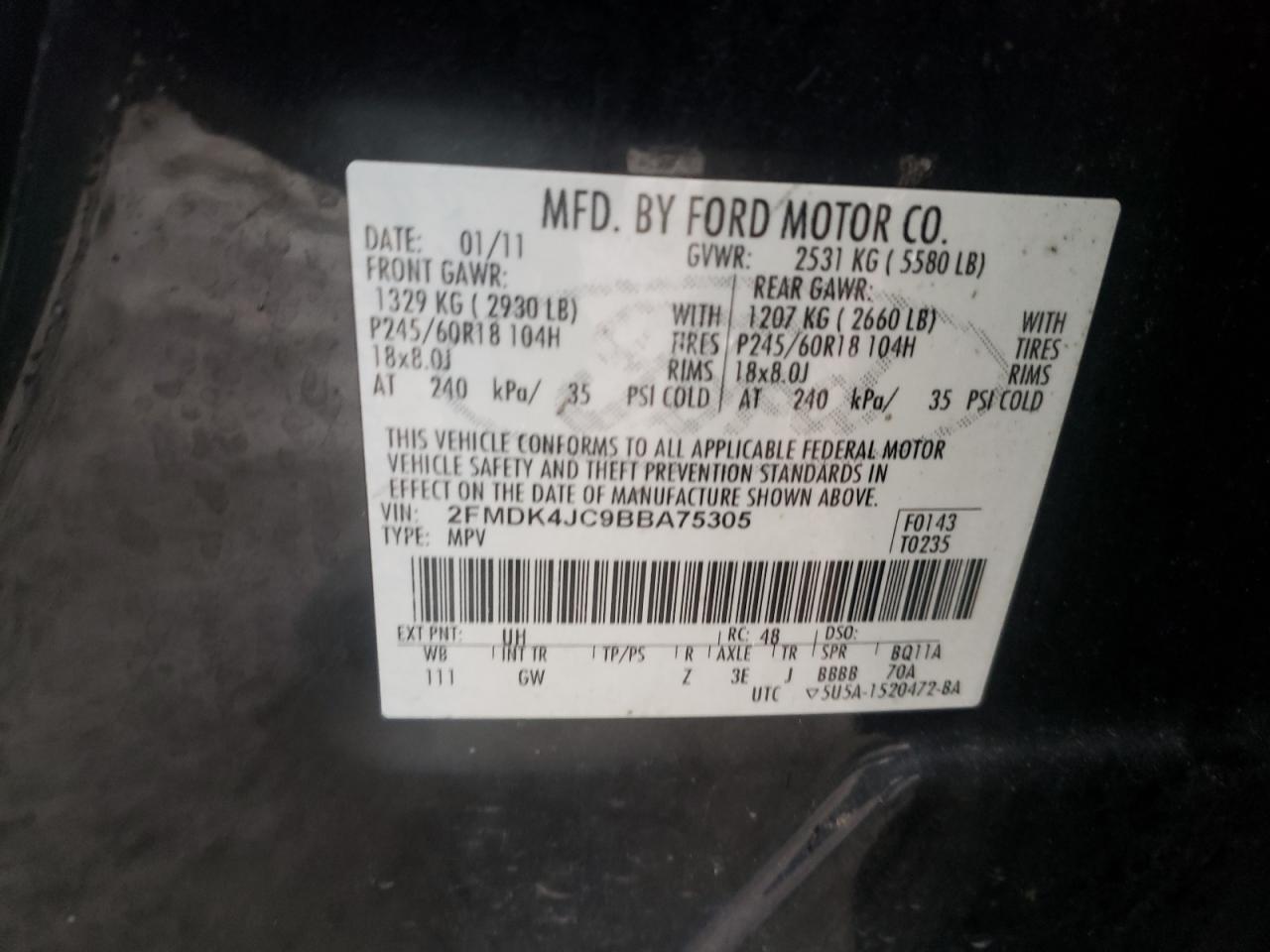 Photo 10 from auction – 2011 FORD EDGE SEL with VIN 2FMDK4JC9BBA75305