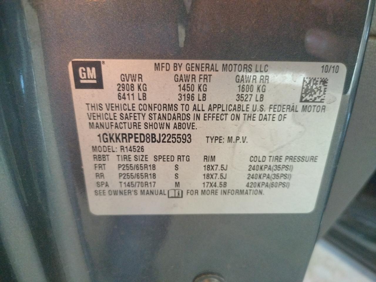 Photo 10 from auction – 2011 GMC ACADIA SLE with VIN 1GKKRPED8BJ225593