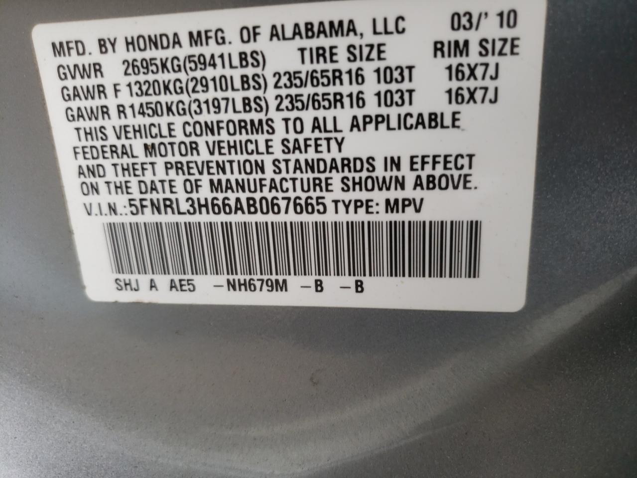 Photo 10 from auction – 2010 HONDA ODYSSEY EX with VIN 5FNRL3H66AB067665