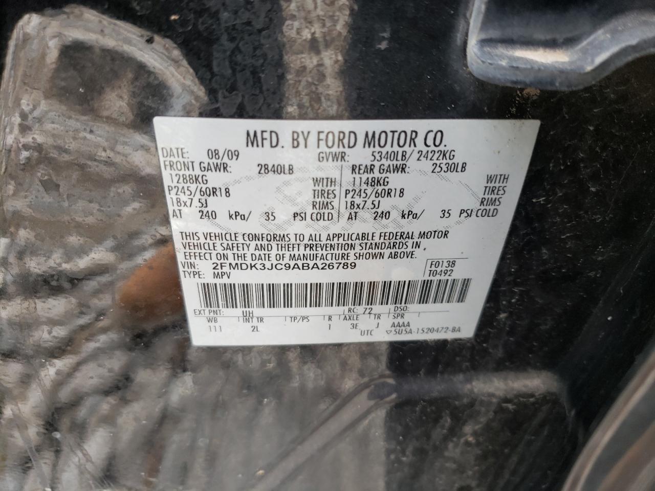 Photo 10 from auction – 2010 FORD EDGE SEL with VIN 2FMDK3JC9ABA26789