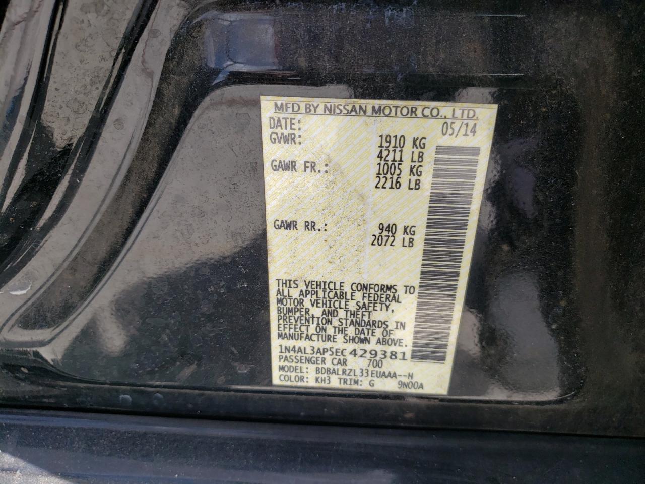 Photo 10 from auction – 2014 NISSAN ALTIMA 2.5 with VIN 1N4AL3AP5EC429381