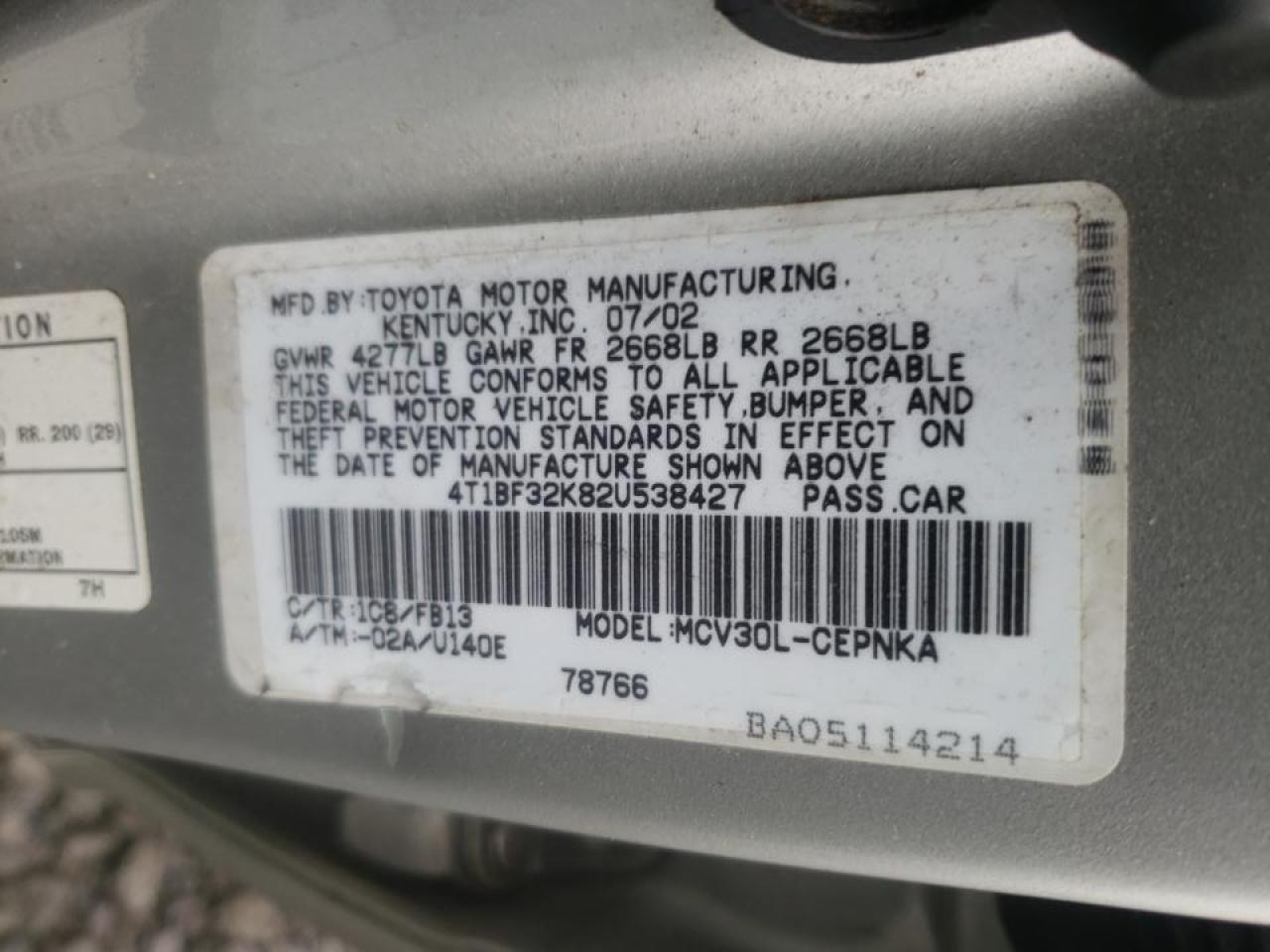 Photo 10 from auction – 2002 TOYOTA CAMRY LE with VIN 4T1BF32K82U538427
