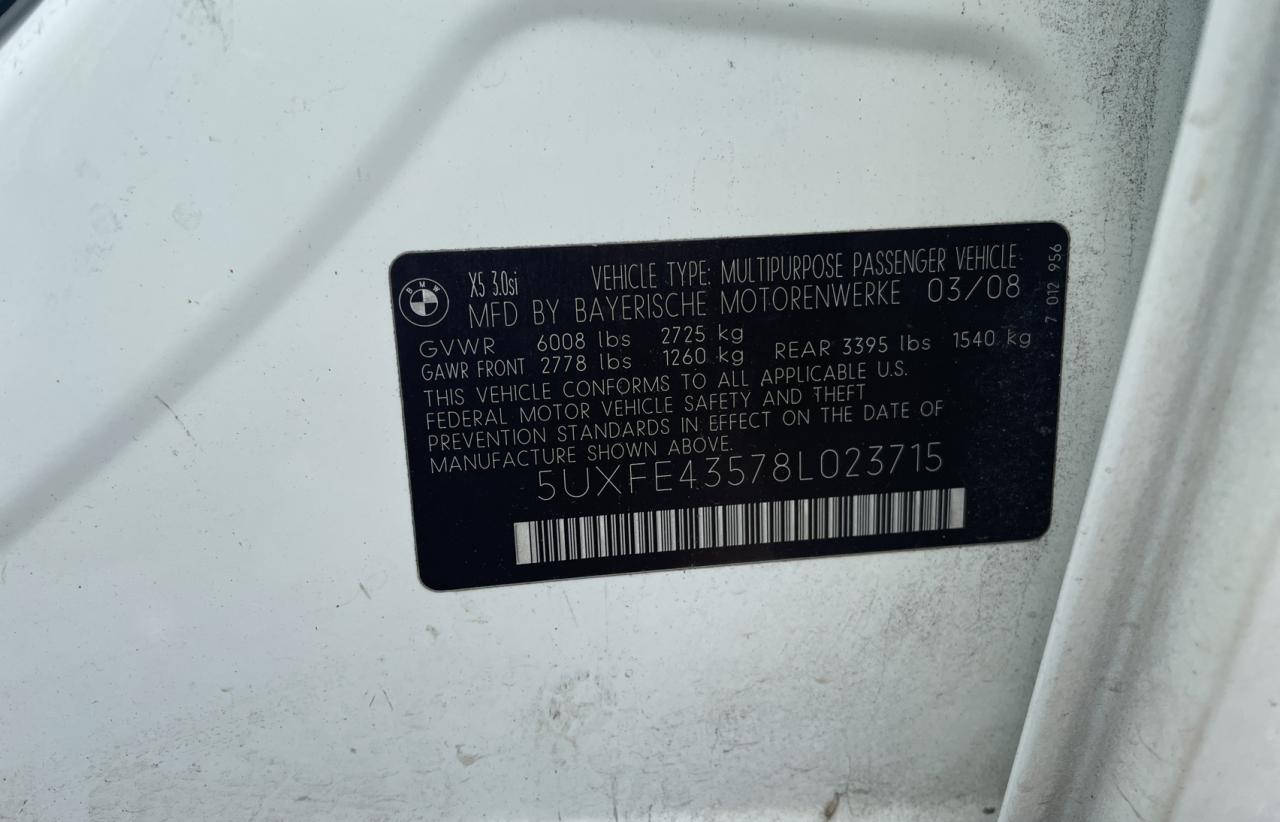 Photo 10 from auction – 2008 BMW X5 3.0I with VIN 5UXFE43578L023715