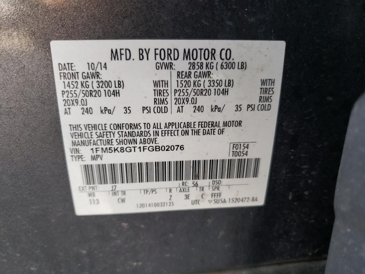 Photo 10 from auction – 2015 FORD EXPLORER S with VIN 1FM5K8GT1FGB02076