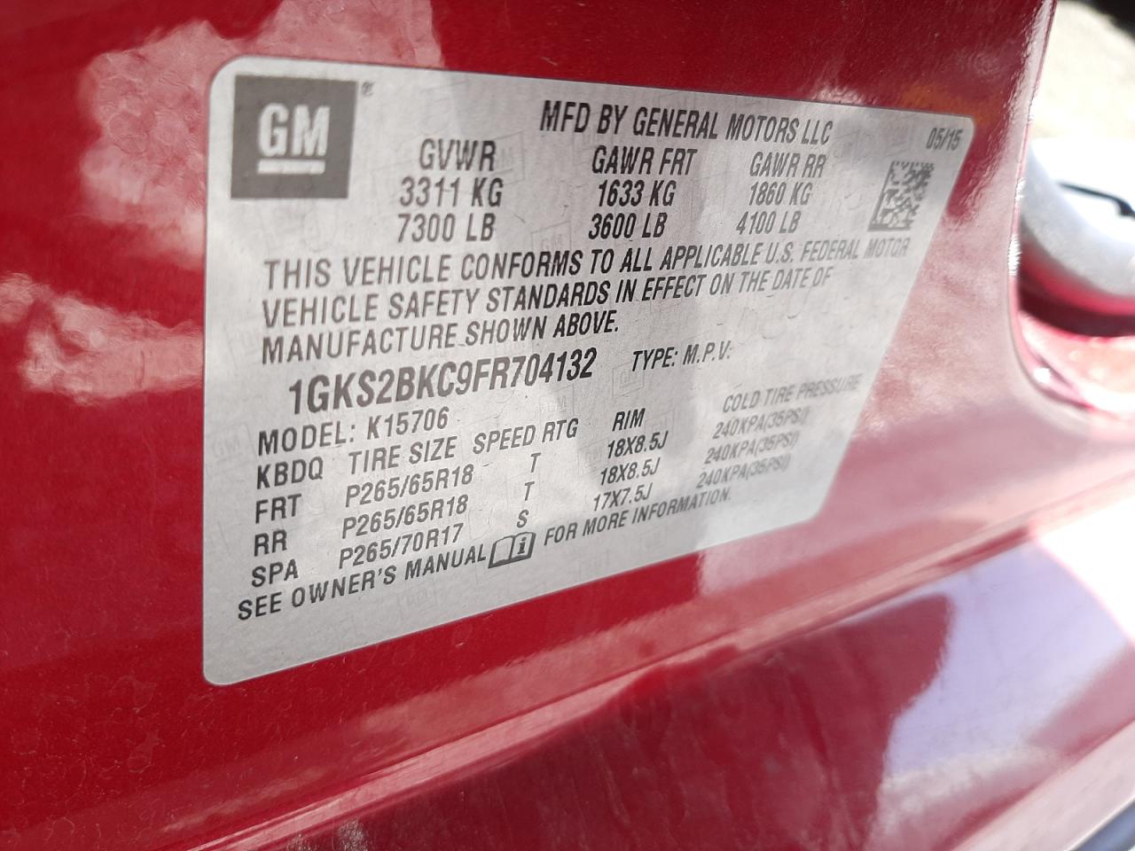 Photo 10 from auction – 2015 GMC YUKON SLT with VIN 1GKS2BKC9FR704132