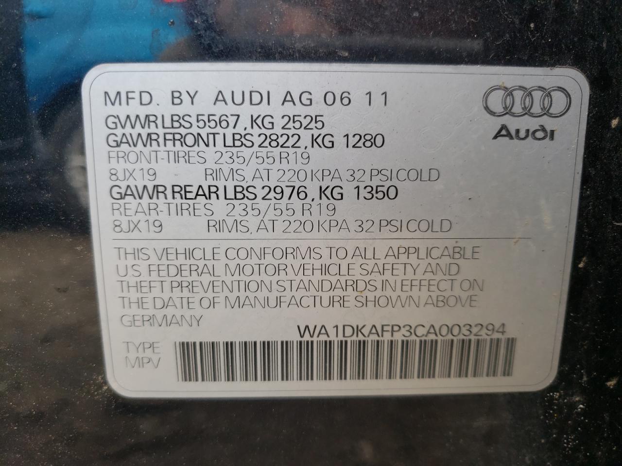 Photo 10 from auction – 2012 AUDI Q5 PREMIUM with VIN WA1DKAFP3CA003294