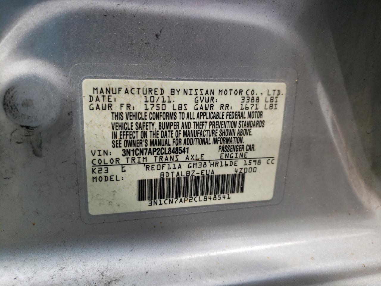 Photo 10 from auction – 2012 NISSAN VERSA S with VIN 3N1CN7AP2CL848541