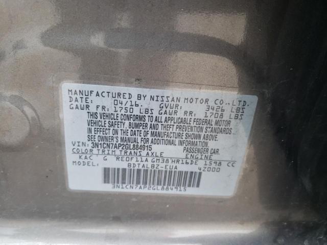 Photo 10 from auction – 2016 NISSAN VERSA S with VIN 3N1CN7AP2GL884915