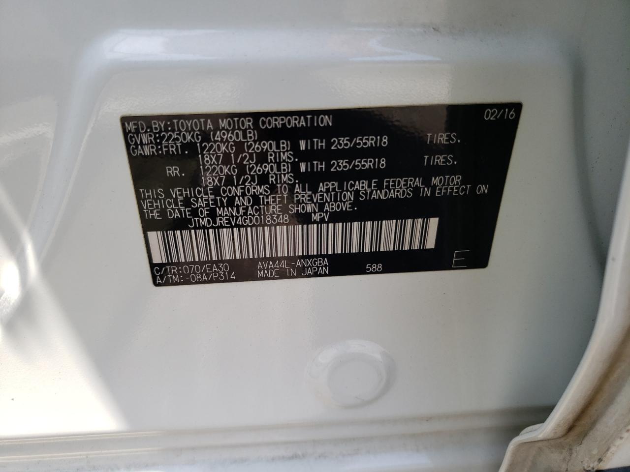 Photo 10 from auction – 2016 TOYOTA RAV4 HV LI with VIN JTMDJREV4GD018348
