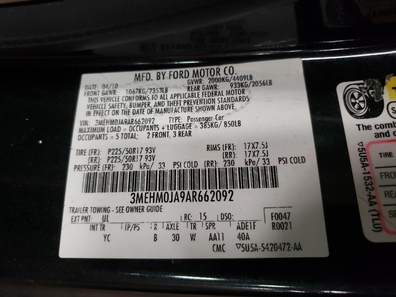Photo 10 from auction – 2010 MERCURY MILAN PREM with VIN 3MEHM0JA9AR662092
