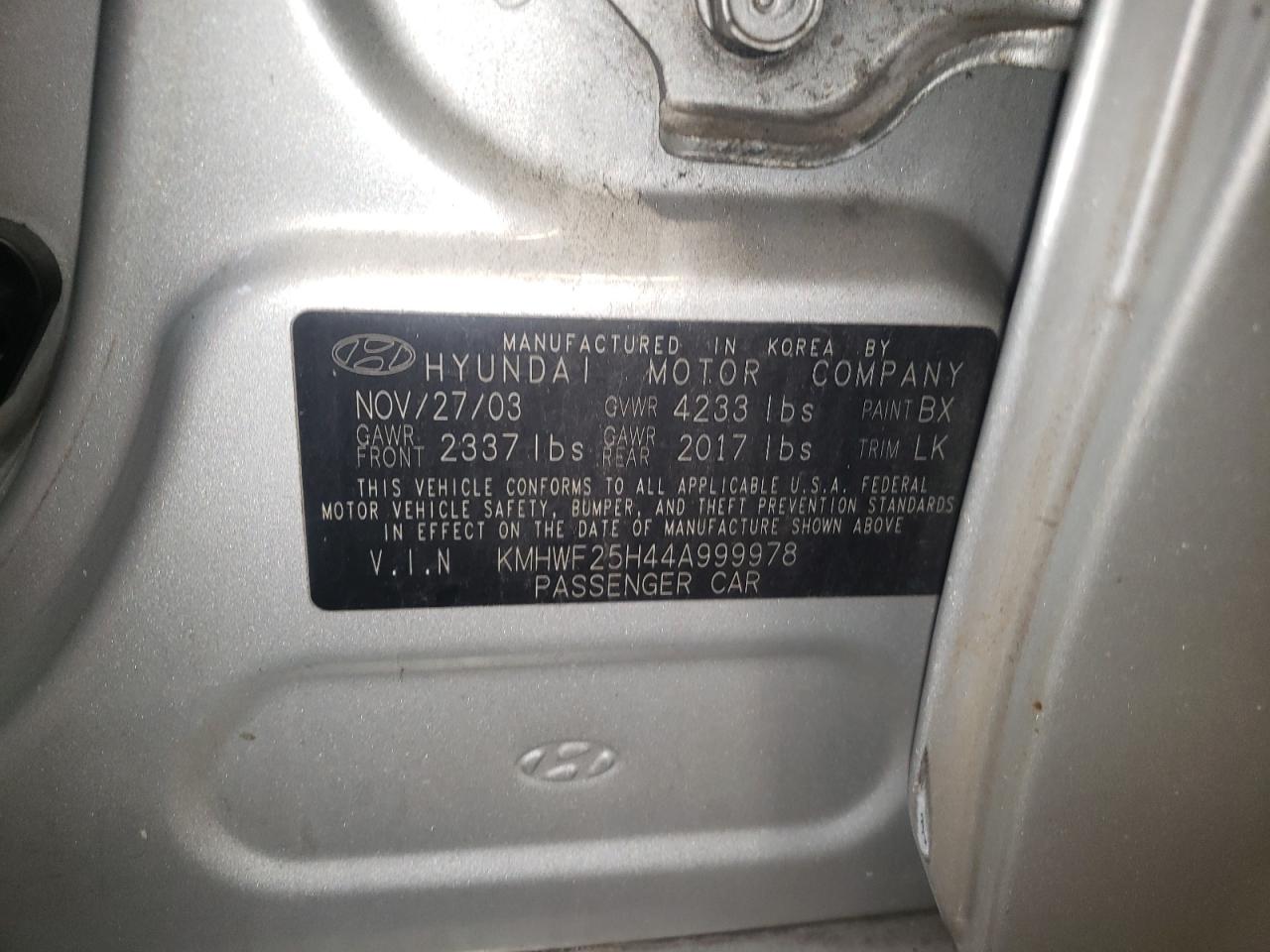 Photo 10 from auction – 2004 HYUNDAI SONATA GL with VIN KMHWF25H44A999978