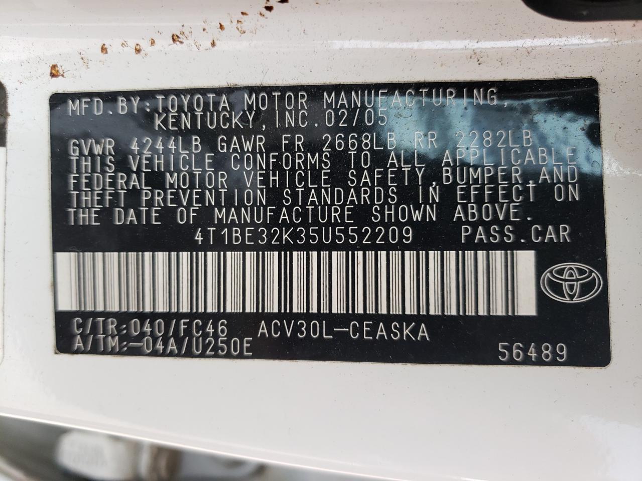 Photo 10 from auction – 2005 TOYOTA CAMRY LE with VIN 4T1BE32K35U552209
