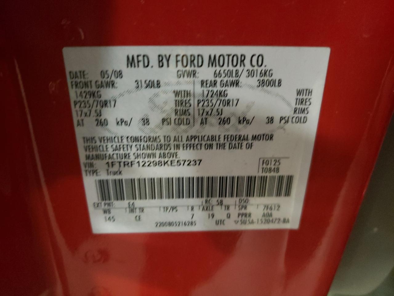 Photo 10 from auction – 2008 FORD F150 with VIN 1FTRF12298KE57237