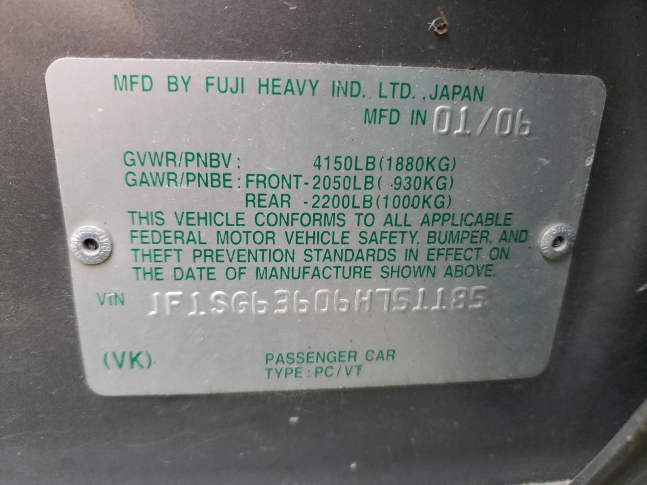 Photo 10 from auction – 2006 SUBARU FORESTER 2 with VIN JF1SG63606H751185