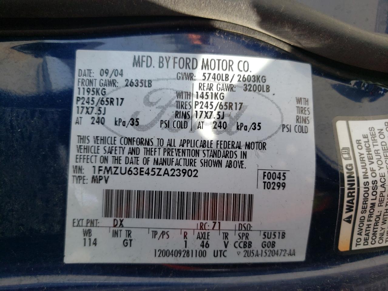 Photo 10 from auction – 2005 FORD EXPLORER X with VIN 1FMZU63E45ZA23902
