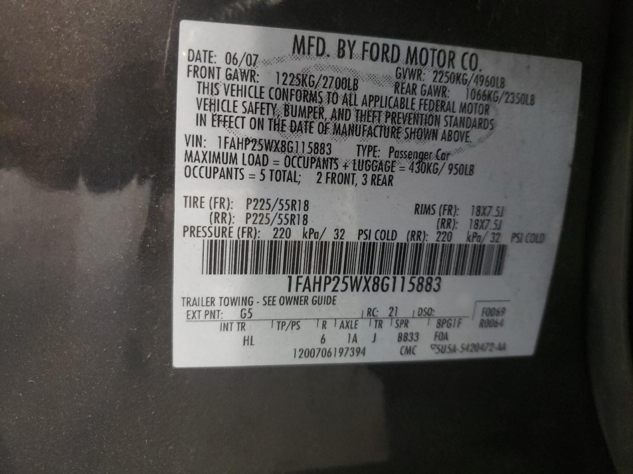 Photo 10 from auction – 2008 FORD TAURUS LIM with VIN 1FAHP25WX8G115883
