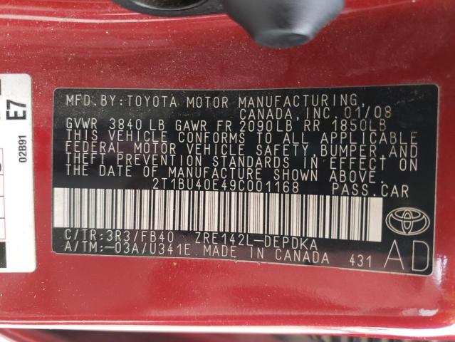 Photo 10 from auction – 2009 TOYOTA COROLLA BA with VIN 2T1BU40E49C001168