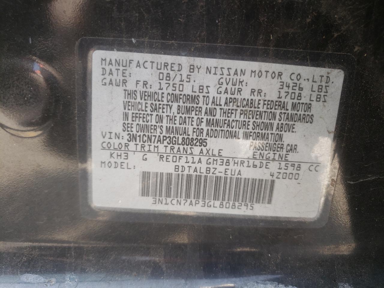 Photo 10 from auction – 2016 NISSAN VERSA S with VIN 3N1CN7AP3GL808295