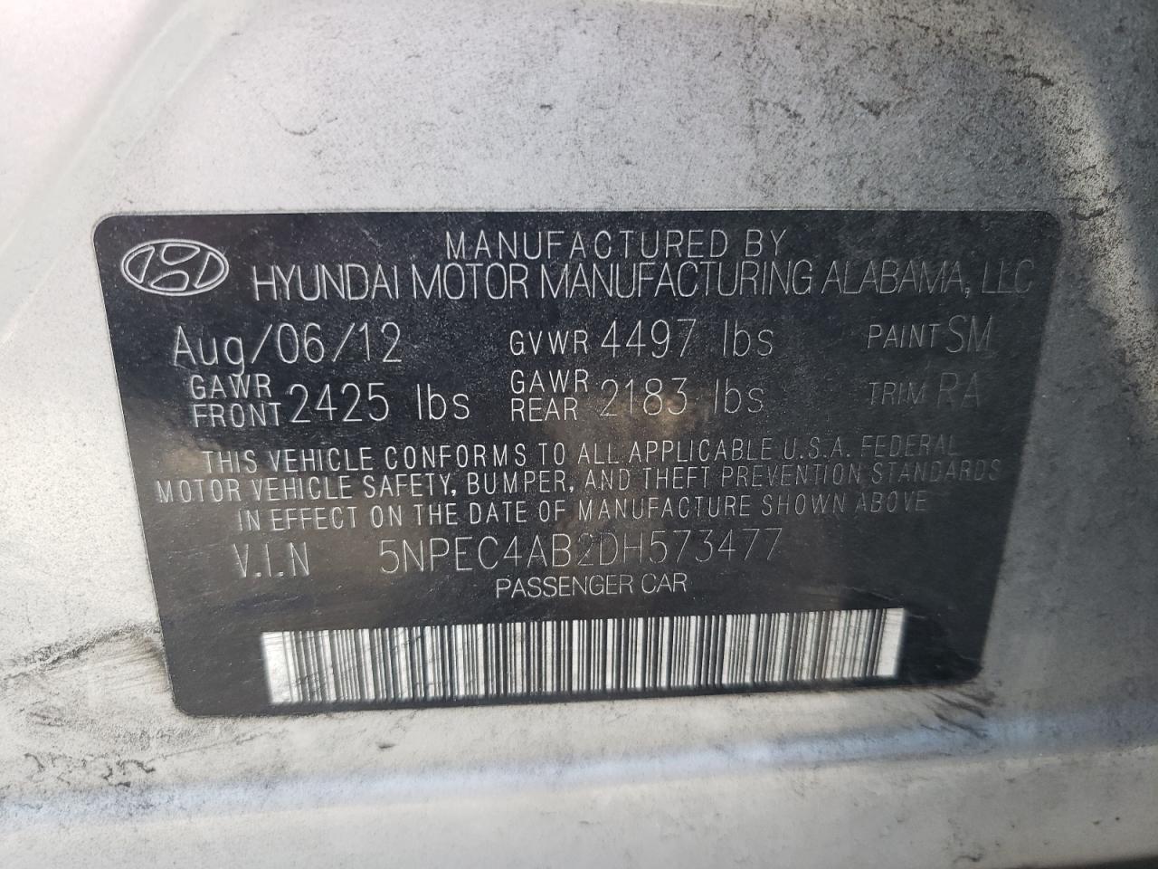 Photo 10 from auction – 2013 HYUNDAI SONATA SE with VIN 5NPEC4AB2DH573477