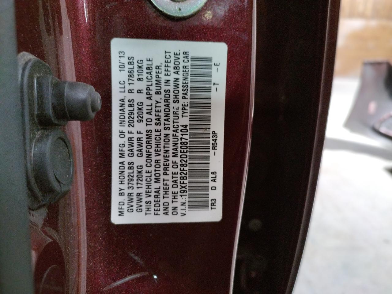 Photo 10 from auction – 2013 HONDA CIVIC EX with VIN 19XFB2F82DE087104