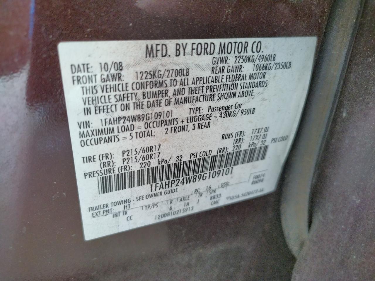 Photo 10 from auction – 2009 FORD TAURUS SEL with VIN 1FAHP24W89G109101